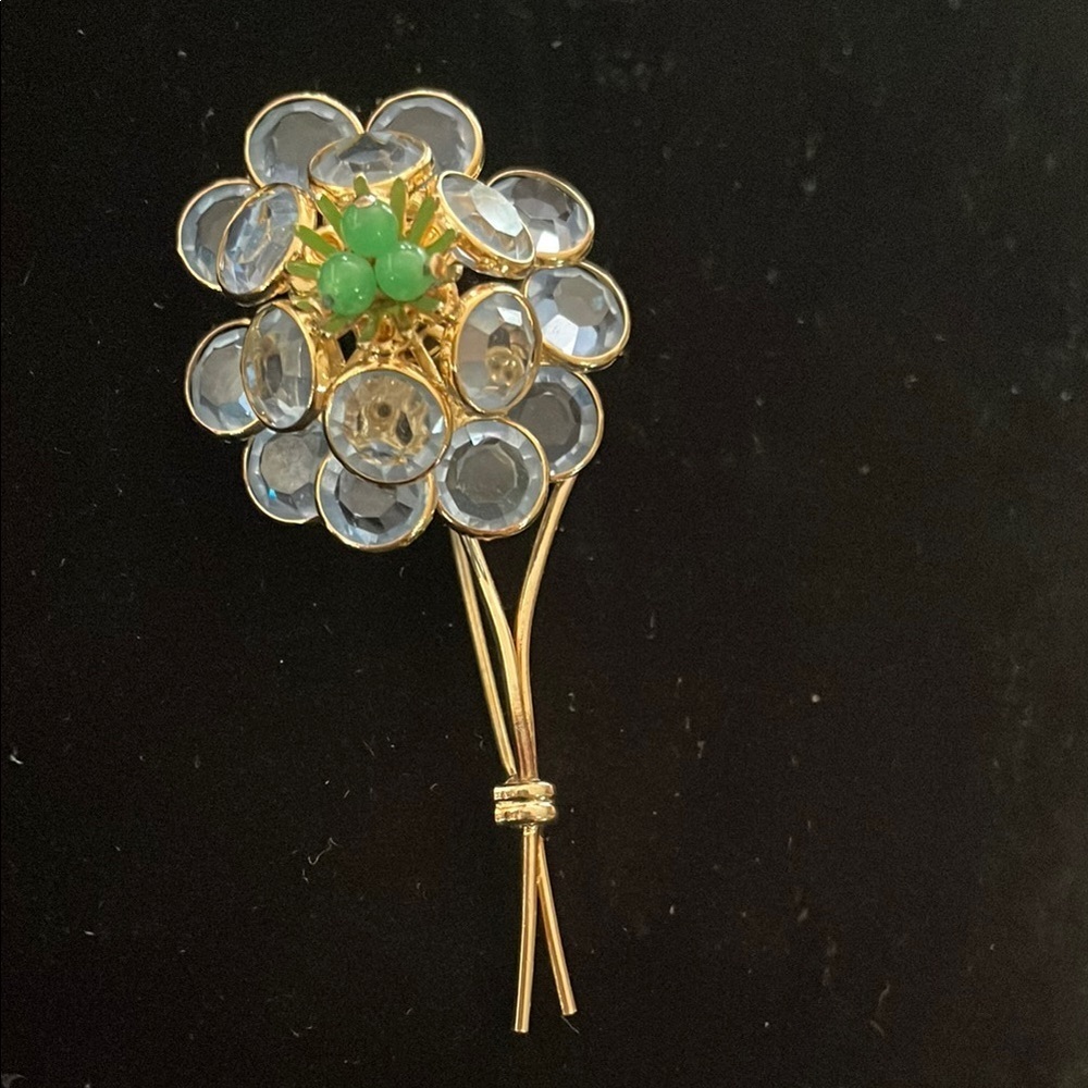 CORO Corocraft Blue Crystal & Green Flower Gold tone Brooch